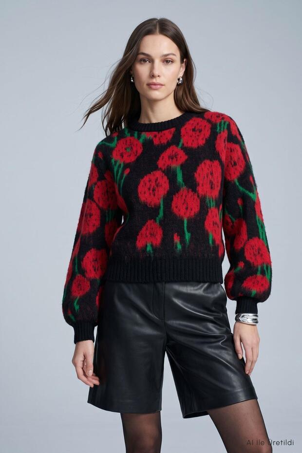 Pulover cu model trandafiri 2532 Negru