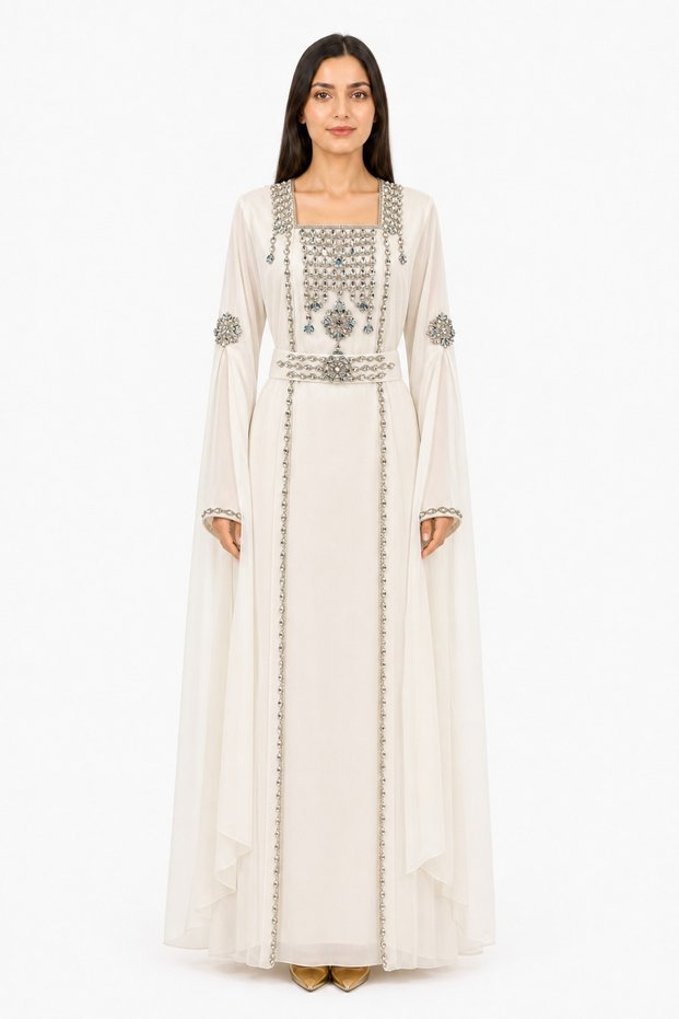 Women's Long Caftan with Shiny Stones and Extended Sleeves Above Wrist Model 04