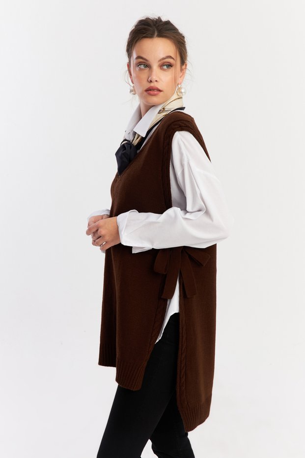 Women's Brown Tie-Up Knitwear Sweater Yvz103