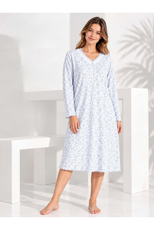 Angelique Cotton Fabric Long Sleeve Buttoned Collar Lace Detailed Nightgown 40003-40004