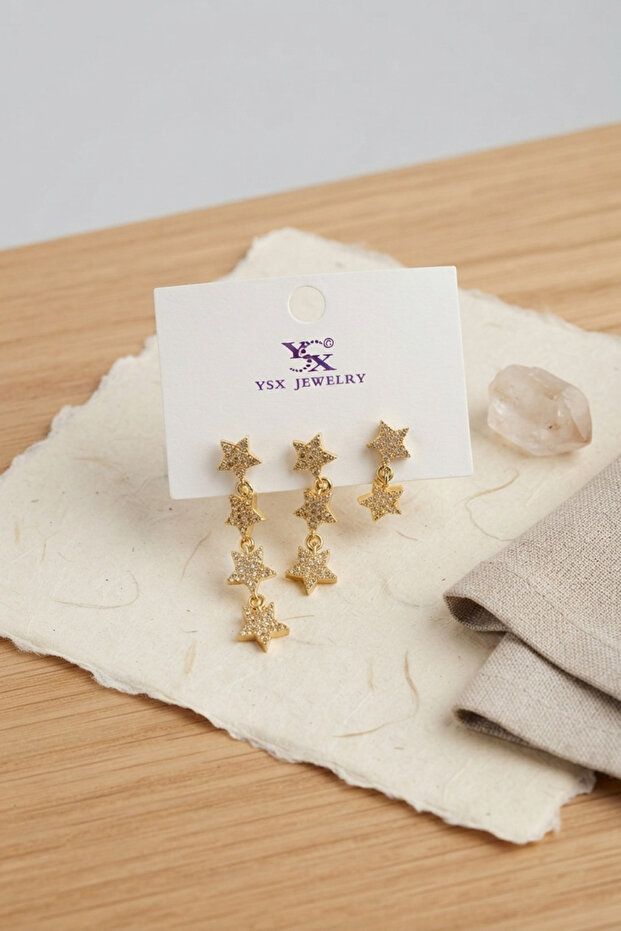 Brass Gold Color Zircon Stone Dangle Star Model Women's Earring Set