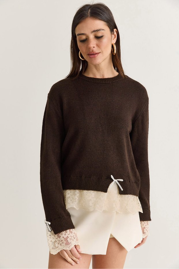Women's Bitter Coffee Lace and Bow Detailed Crew Neck Knitwear Sweater Tk251166 60286635