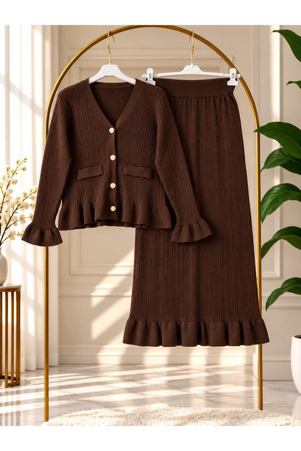 Women's hijab set with flounce detail and knitted skirt - brown