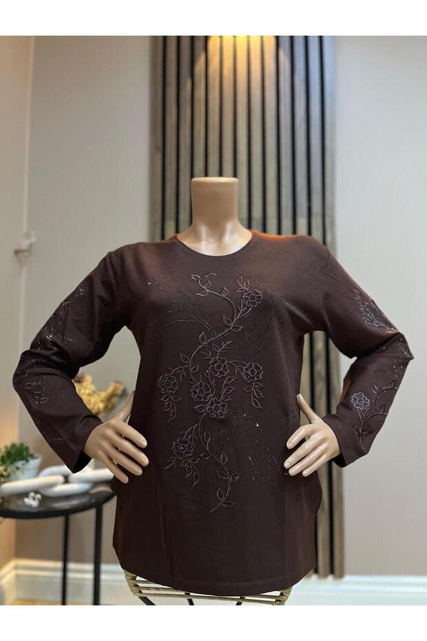Women's Daisy Patterned Winter Mother Combed Cotton Blouse for Middle Age and Above