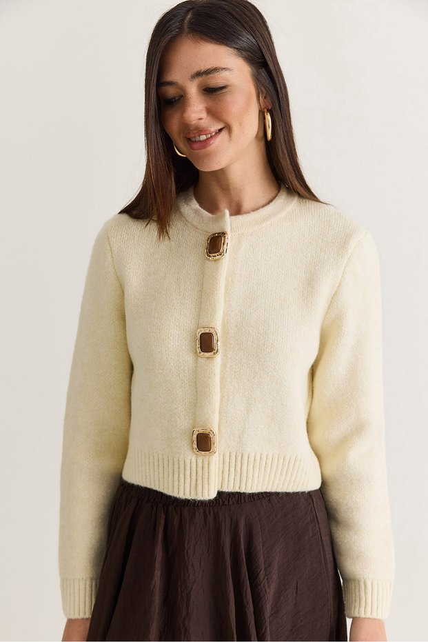 Women's Cream Gold Button Detailed Crew Neck Soft Textured Knitwear Cardigan Th261074 60286583