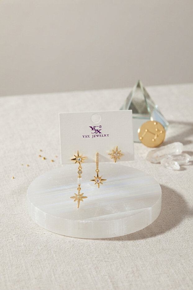 Brass Gold Color Zircon Stone Pole Star Model Women's Earring Set