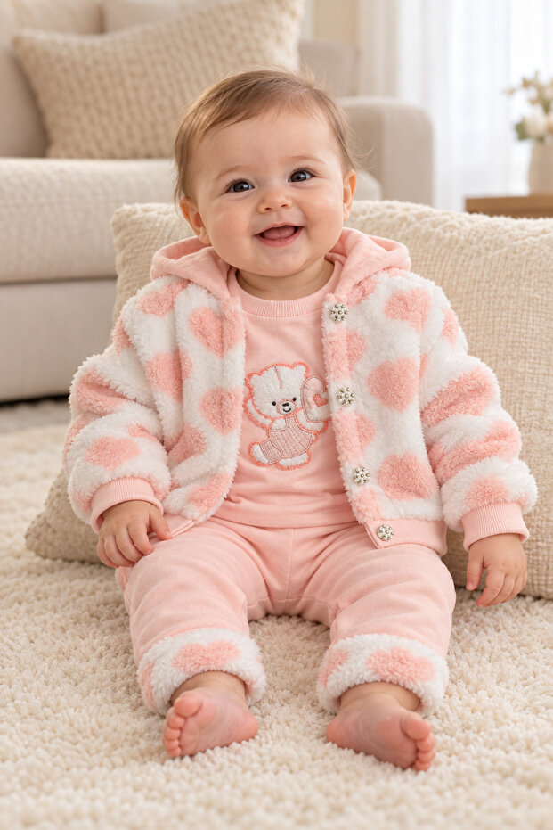 Baby Girl 3 Piece Set Hooded Plush Jacket Teddy Bear Embroidered Top and Pants Ak2482