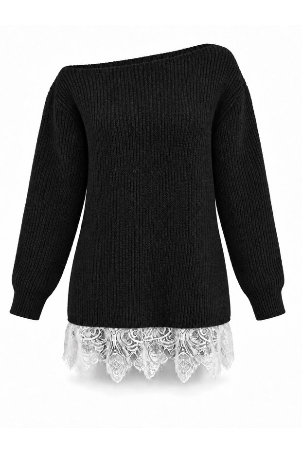 Women's Boat Neck Lace Hem Detailed Knitwear Sweater 8014