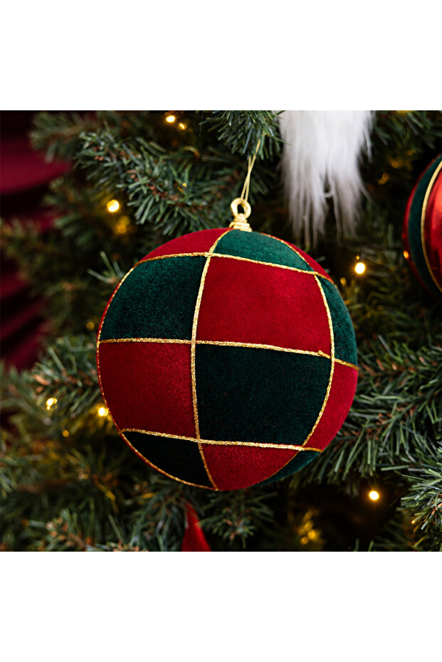 Christmas Tree Ball Checkered Pattern Claret Red Green 20 cm
