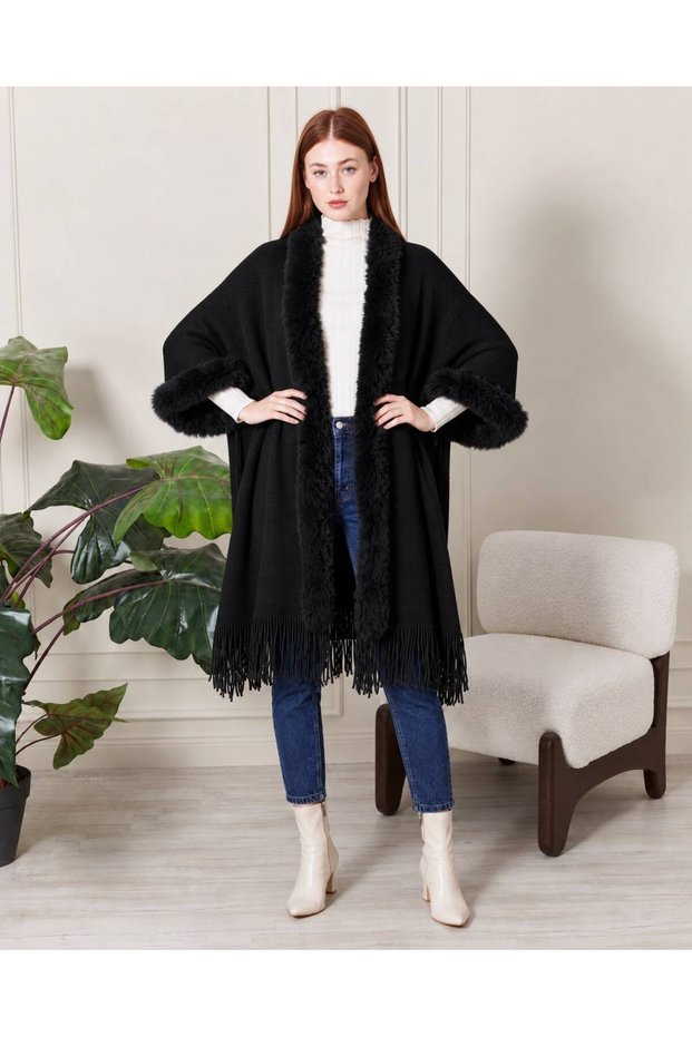 Women's Knitwear Poncho with Fur Detail and Tassels, Shawl Collar Poncho