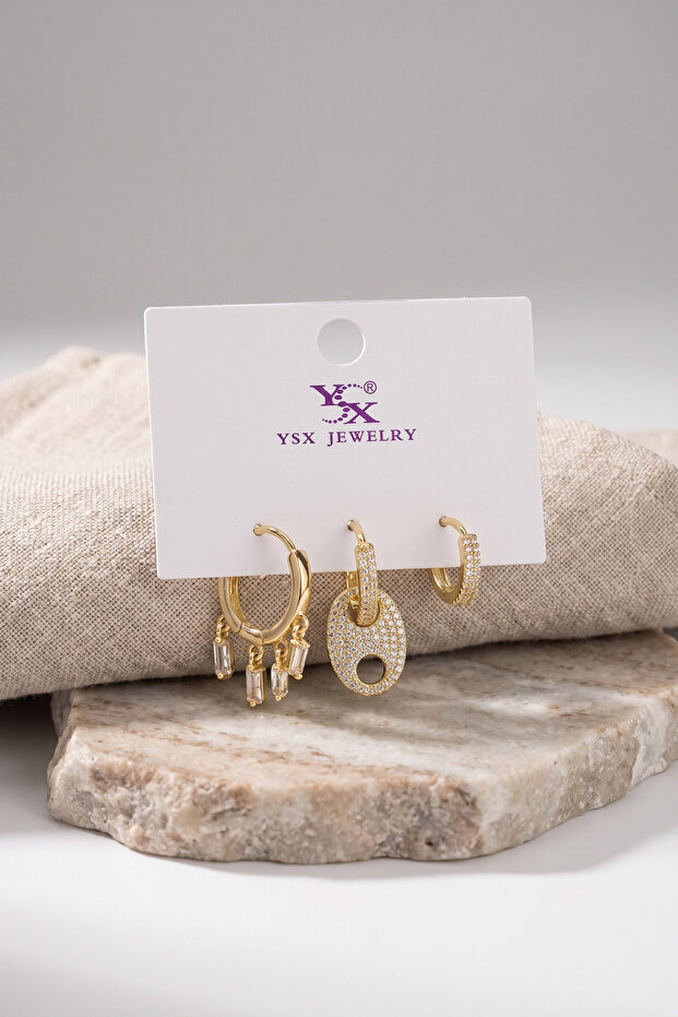 Brass Gold Color Zircon Stone Women's Earring Set