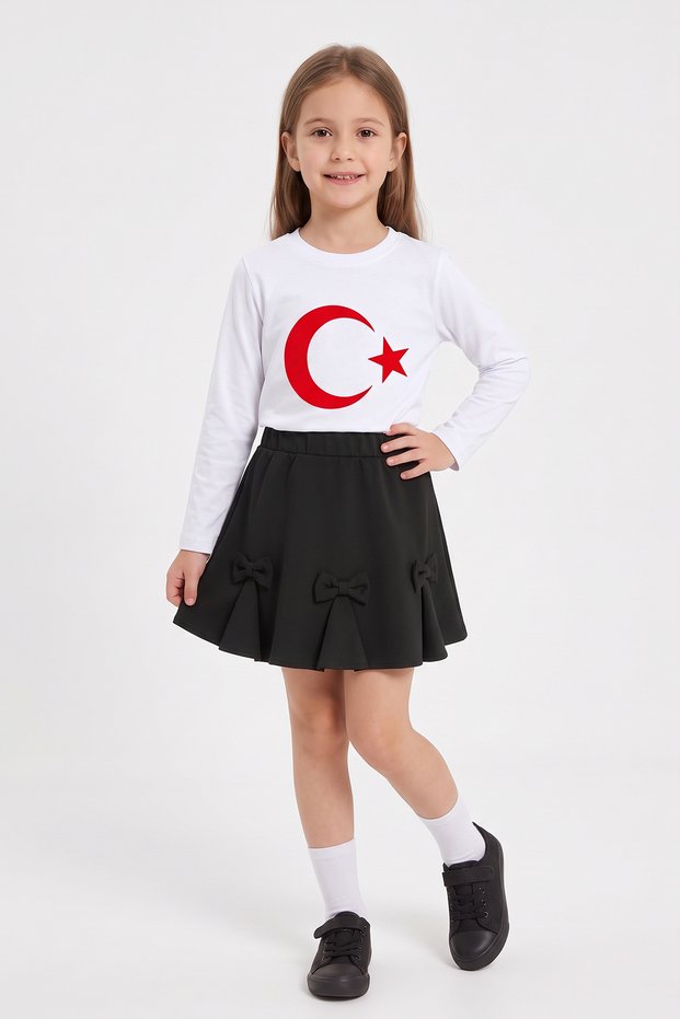 Girls' White Flag Long Sleeve T-Shirt Black Ribbon Skirt April 23 October 29 Performance Outfit