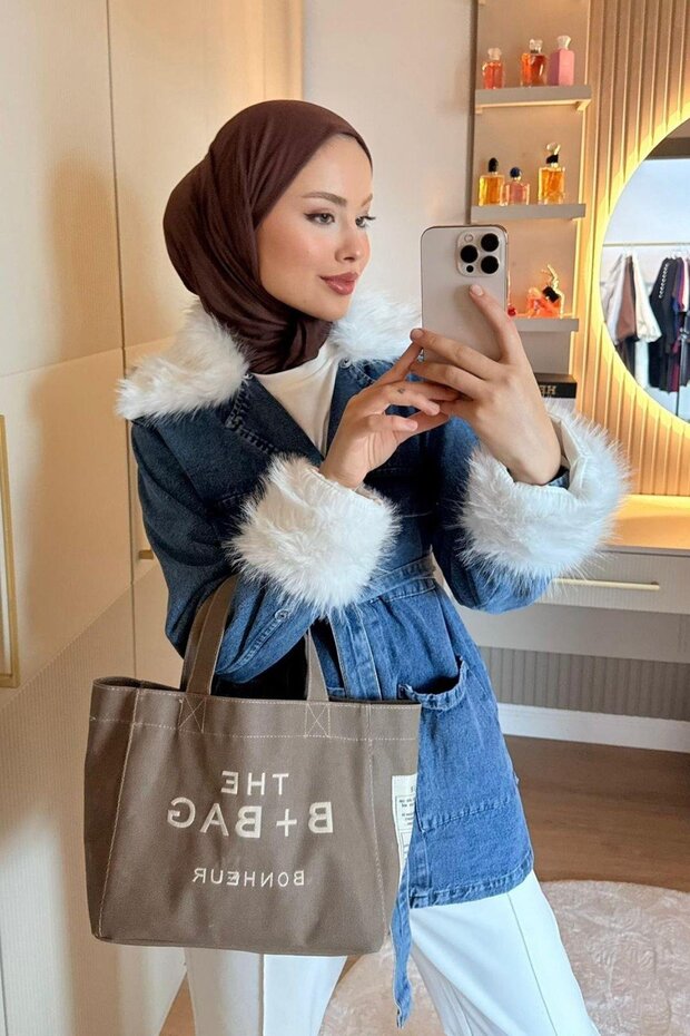 Women's Sleeve Collar Fur Detailed Hijab Denim Jacket - Denim/White
