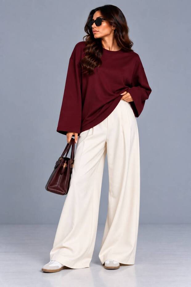 Women's Oversize Crew Neck Sweatshirt Loose Wide Sleeve Basic Cotton Sweatshirt