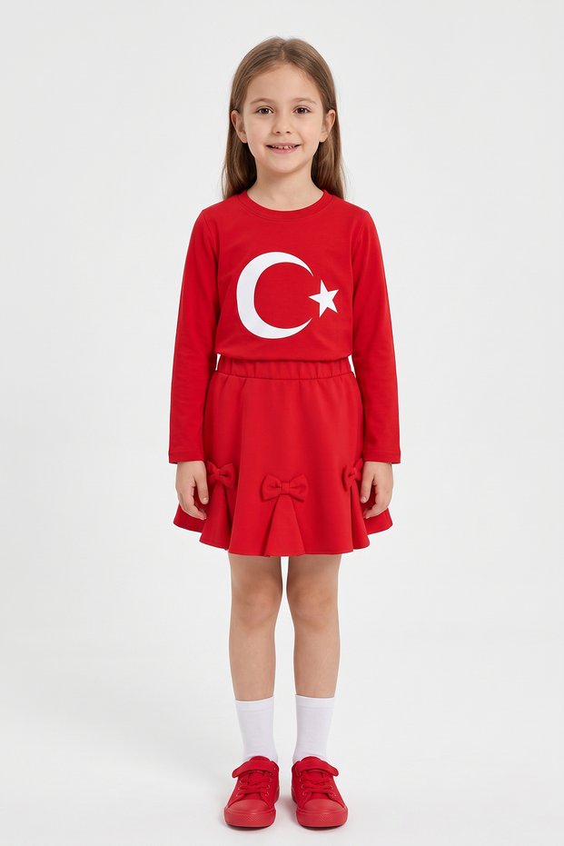 Girls' Red Flag Long Sleeve T-Shirt Red Ribbon Skirt April 23 October 29 Performance Outfit