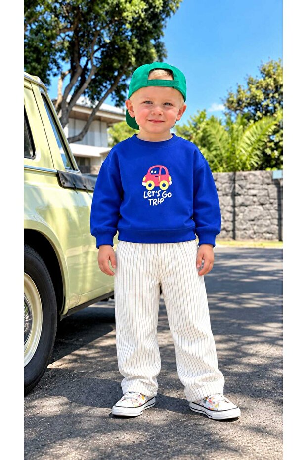 Boy's Car Printed Sweatshirt with Back Print Detail and Striped Trousers 2-Piece Set