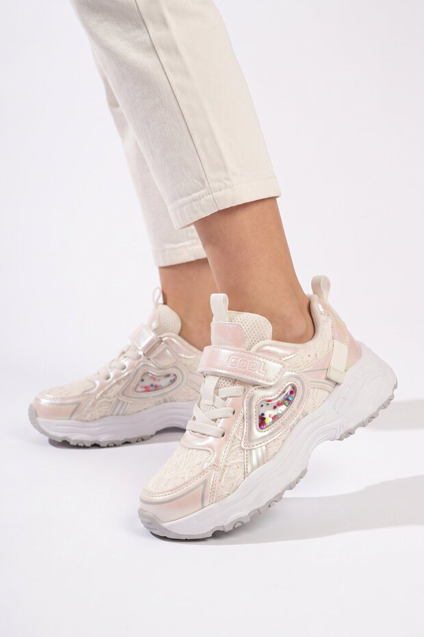 White Velcro Laced Thick Soled Girls' Sports Shoes Sneaker Sımba