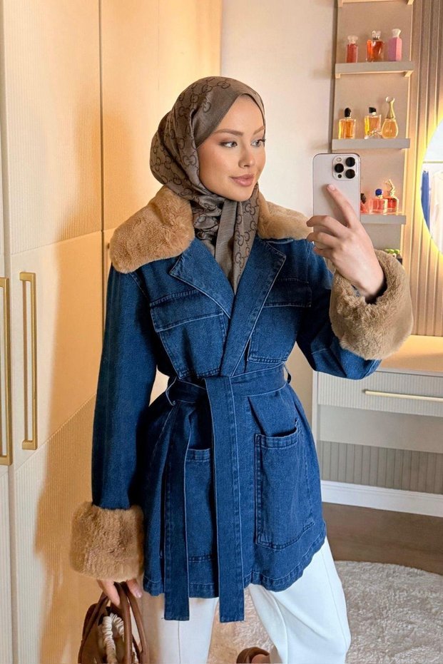 Women's Sleeve Collar Fur Detailed Hijab Denim Jacket - Denim/Tan