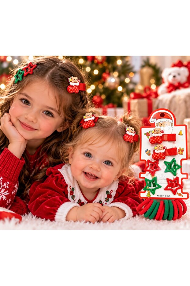 New Year's Children's Hair Accessory Set Christmas Teddy Bear Socks Starry Snap Clips and Towel Clips 16 Pieces