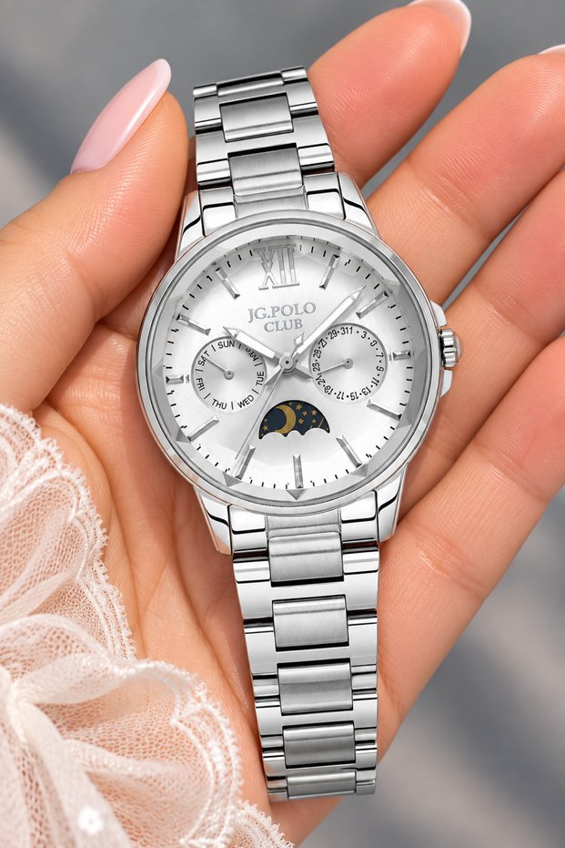 34 mm Case, Silver Functions Active, Full Steel (Case-Bracelet) 5 Atm Pool Sea Use, Moon Phase Display, Women's Wristwatch+Bracelet