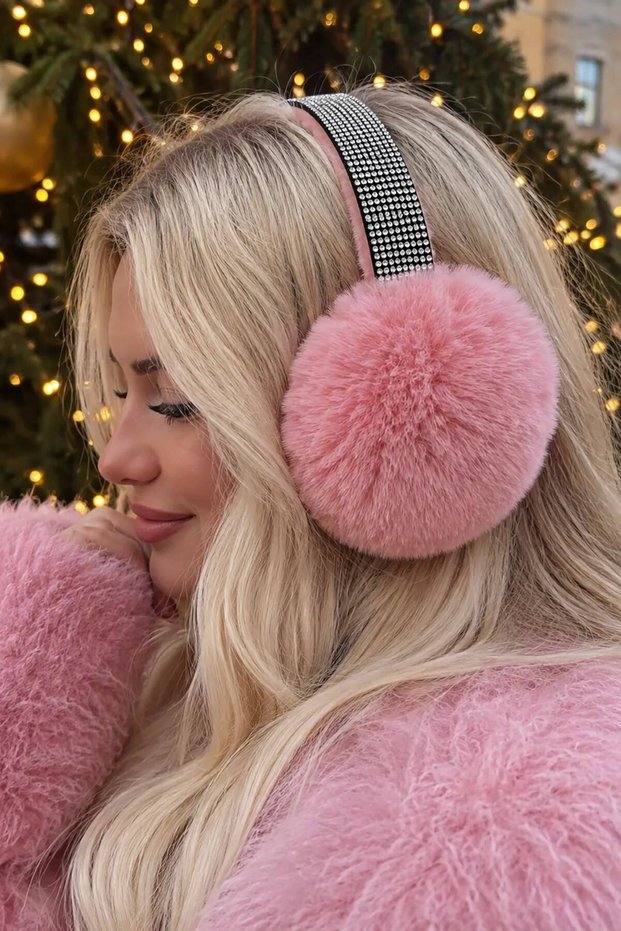 Pink Color Plush Headphones with Stone Detail