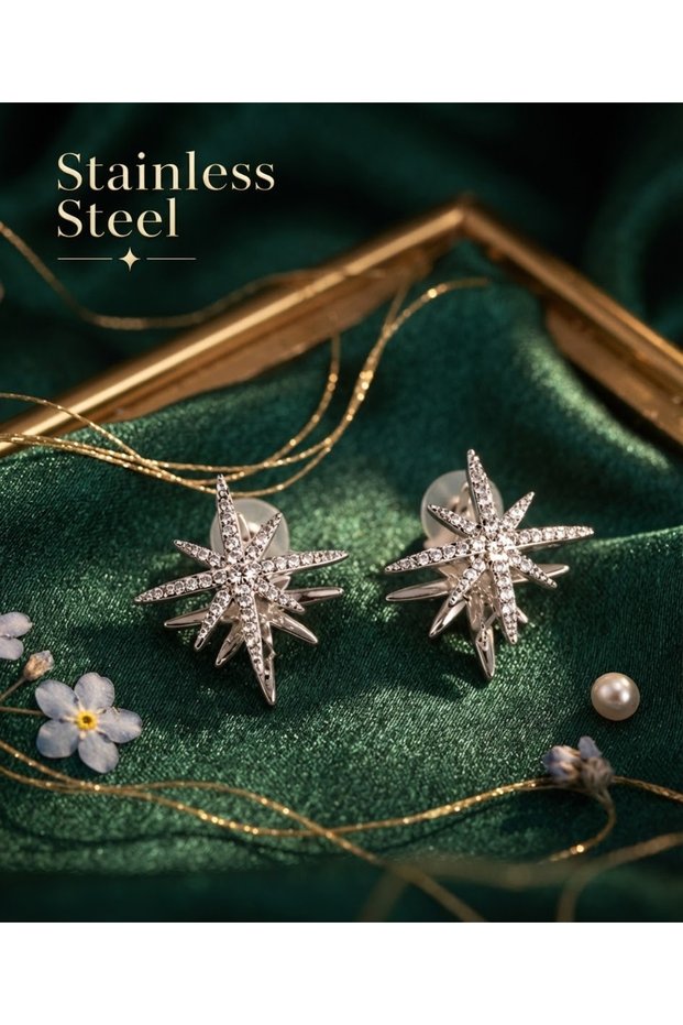 Brass Silver Color Double Sided Polar Star Earrings