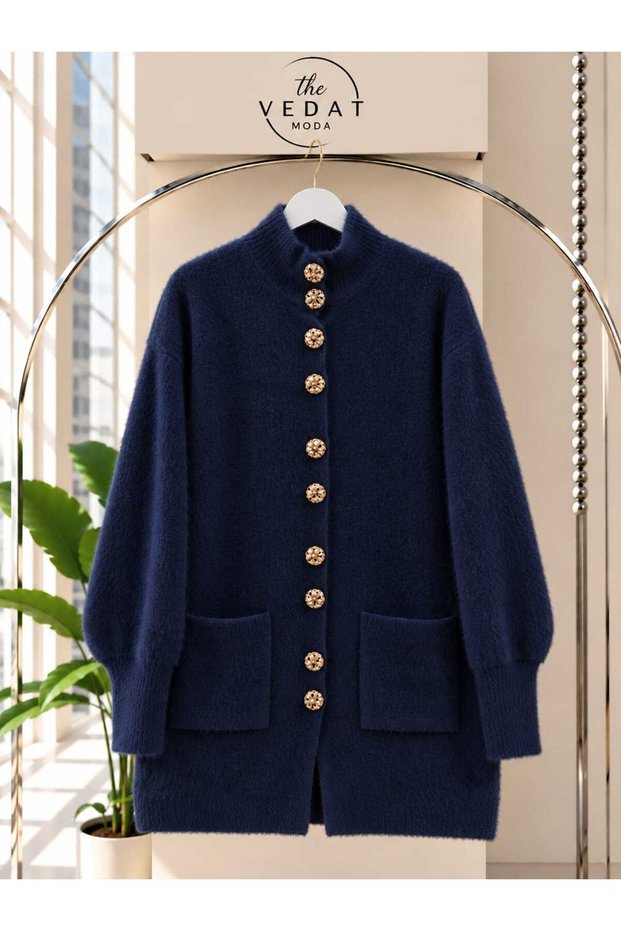Women's Stand Collar Button Detailed Soft Cardigan -0450 (Standard Size Suitable for Size 38-44)