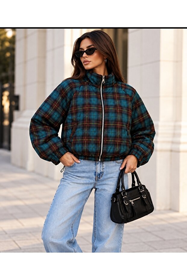 Women's Stand Collar Vintage Patterned Zippered Bomber Coat with Pockets Seasonal Jacket