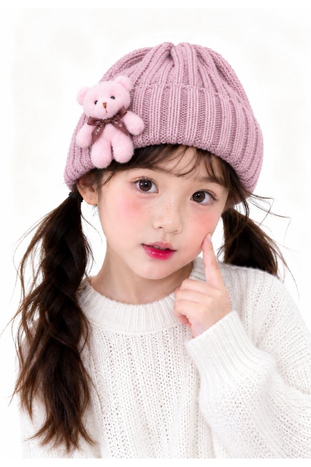 Baby Kids Plush Teddy Bear Detailed Knitted Beanie Unisex Girls Boys 0-4 Years Old Winter Beanie