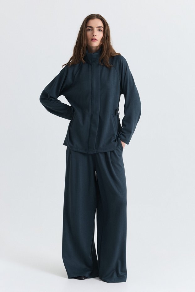 Soft Textured Belted Jacket and Trousers Set