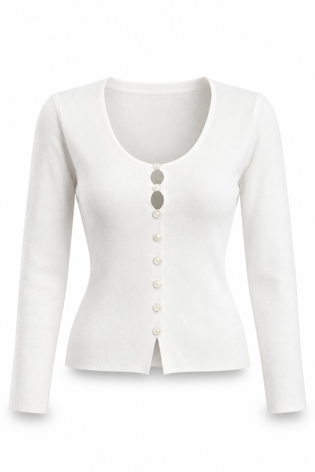 Ecru Ornamental Buttoned V-Neck Knitwear 6603