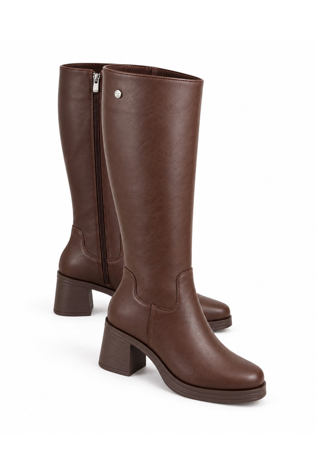 Heeled Plain Women's Boots Brown Leather