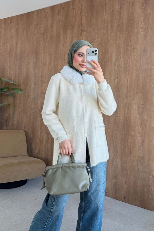 Filiz Soft Touch Fur Collar Jacket Ecru
