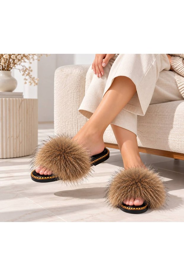 Women'S, Genuine Leather, Gold Striped, Black Sole, Luxury Slippers