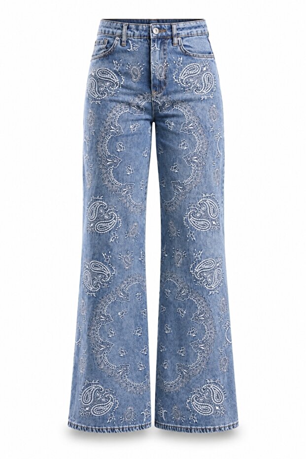 Blue Patterned Wide Leg Jeans 2047