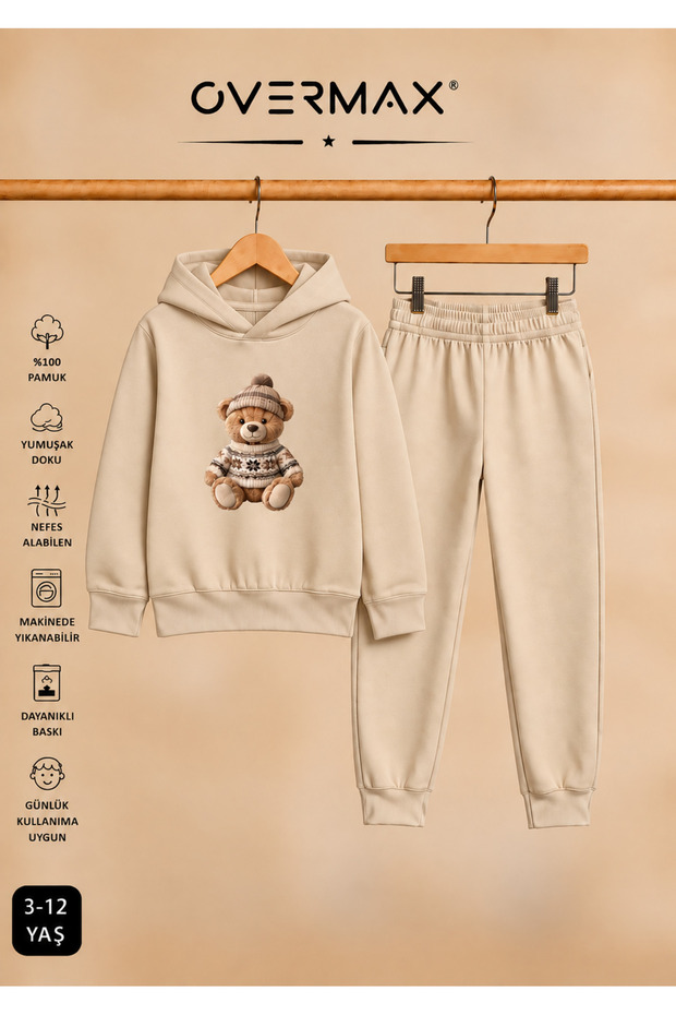 Teddy Bear Printed Children's Hooded Sweatshirt Tracksuit Set 3-12 Years