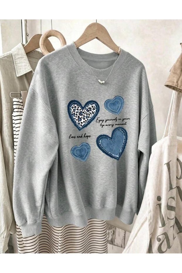 Women's Love and Hope Blue Heart Printed Crew Neck Sweatshirt