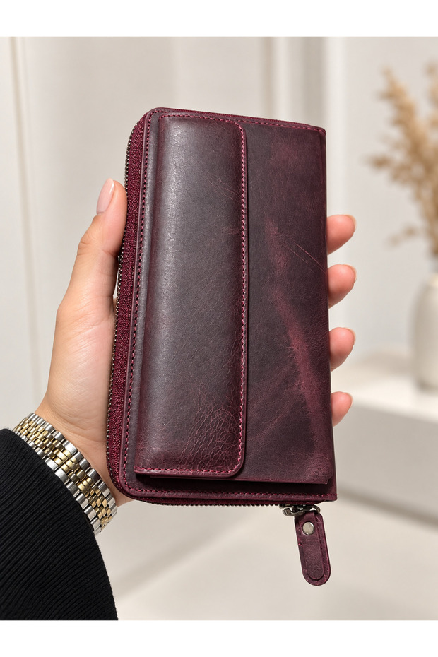 100% Genuine Leather Women's Multi-Compartment Zippered Hand Portfolio and Wallet