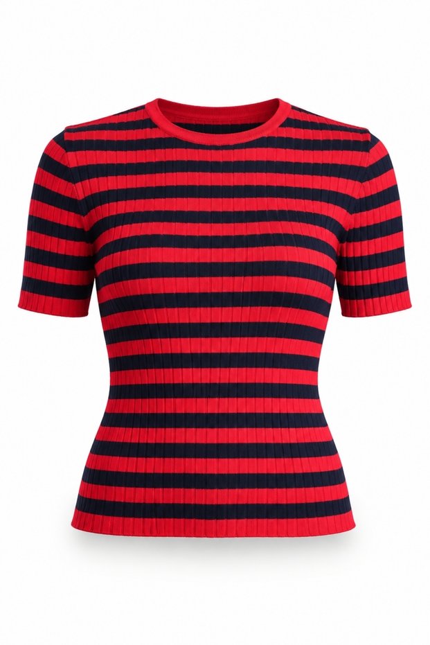 Red Ribbed Short Sleeve Knitwear 5537