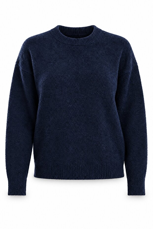 Navy Blue Crew Neck Soft Textured Sweater 251297