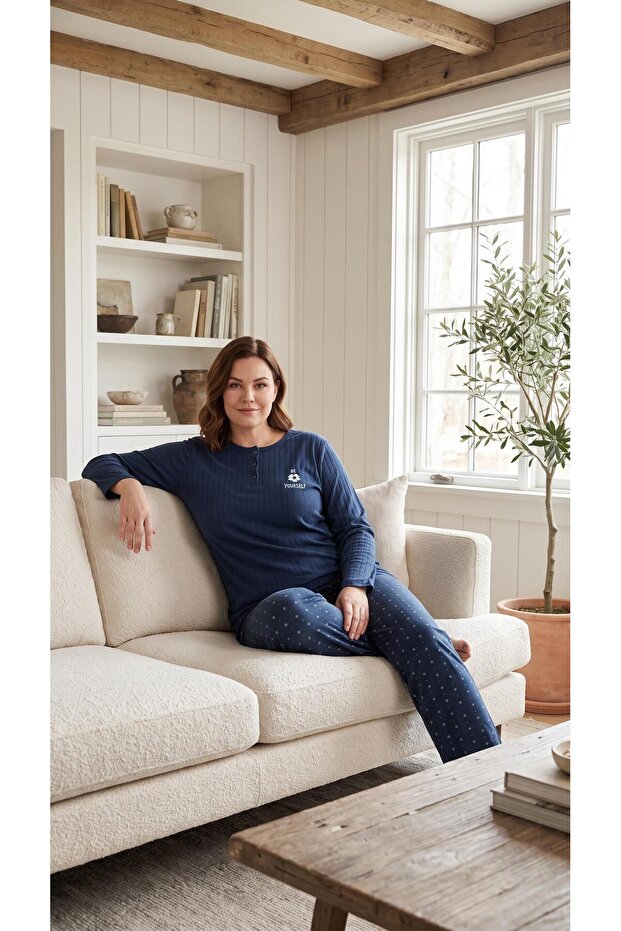 Women's Winter Plus Size Embroidered Patterned Collar Buttoned Long Sleeve Pajama Set