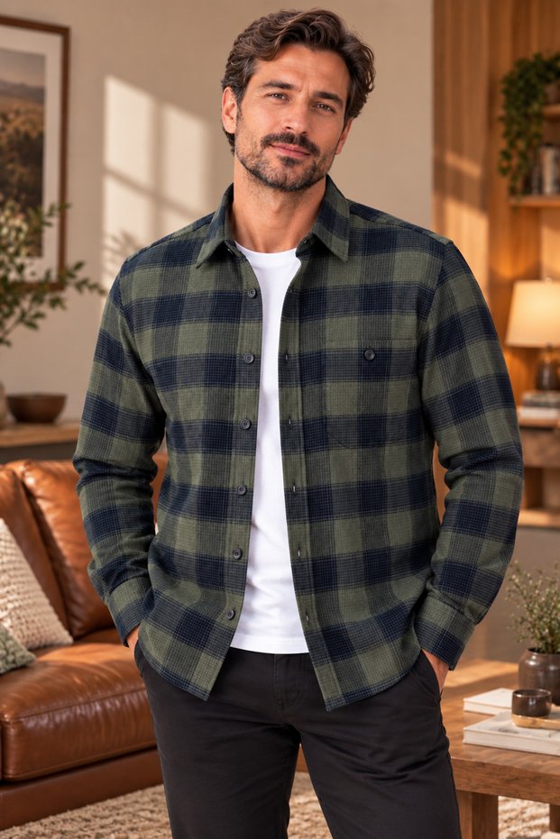 Men's Winter Plaid Flannel Shirt 100% Cotton Long Sleeve Single Pocket Comfortable Fit