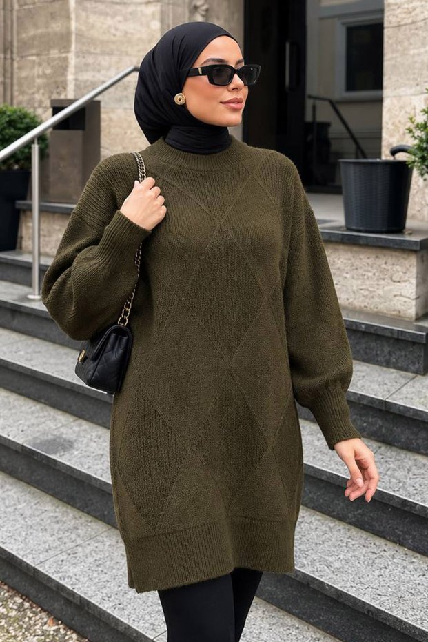 Baklava Patterned Khaki Hijab Knitwear Sweater 60091Hk