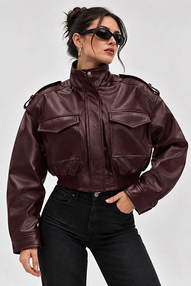 Women's Epaulet Double Pocket Zr Model Leather Jacket