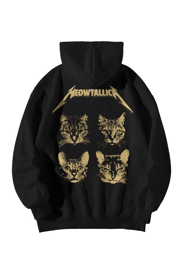 Unisex Black Oversize Hoodie - Meowtallica Cat Printed 3 Thread Raster Hooded Sweatshirt
