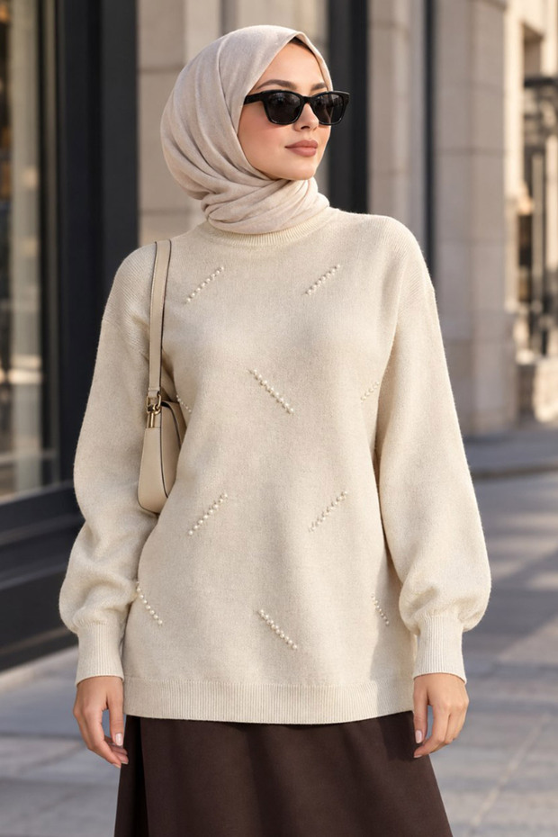 Pearl Detailed Cream Hijab Knitwear Sweater 10932Kr