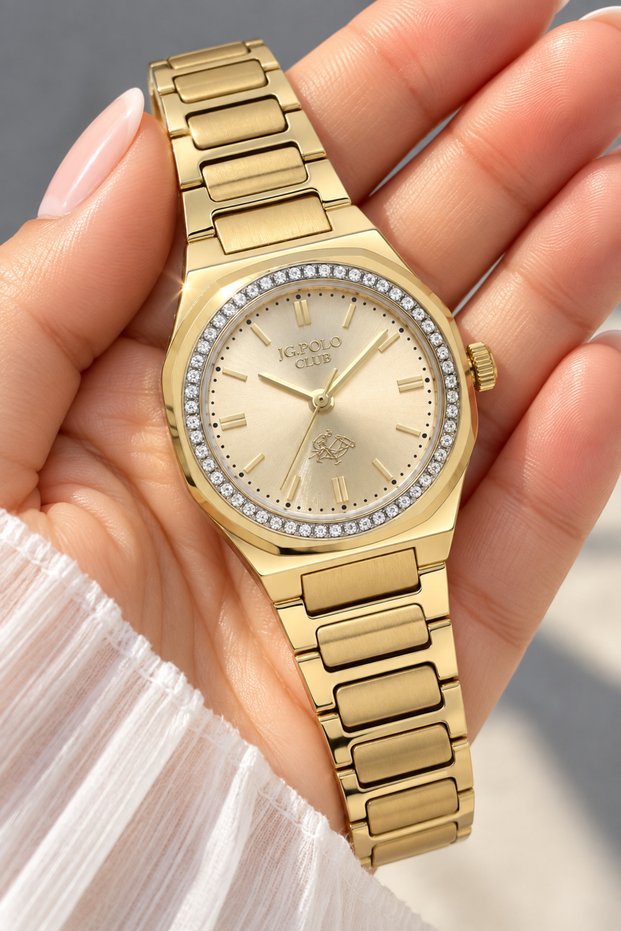 28 mm Small Stone Case, Full Steel (Case-Strap), 5 Atm Pool-Sea Suitable, Yellow Color Women's Wristwatch+Bracelet