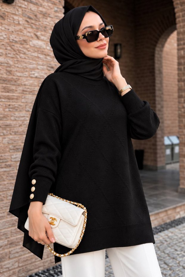 Button Detailed Black Hijab Knitwear Tunic 10941S