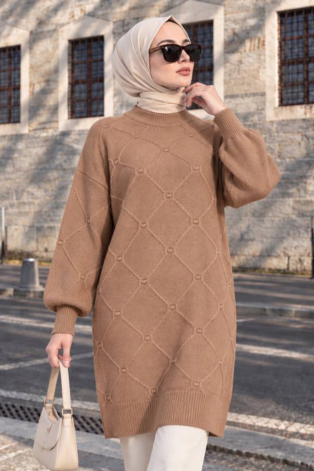 Embossed Detailed Diamond Patterned Biscuit Hijab Knitwear Tunic 60203Bs