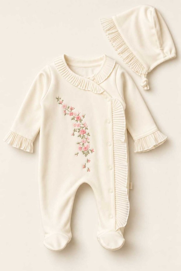 Baby Girl Luxury Floral Embroidered Ruffle Romper and Hat Set 100% Cotton Newborn Baby Clothing 0-3 Months 3-6 Months